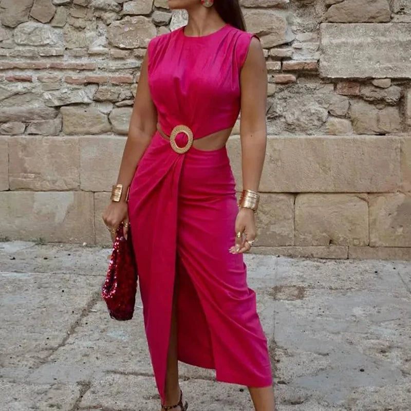 Women's Clothing Temperament Party Long Dress Hollow Design High Waist Summer Dress Elegant Solid Color Slim Office A-line Dress