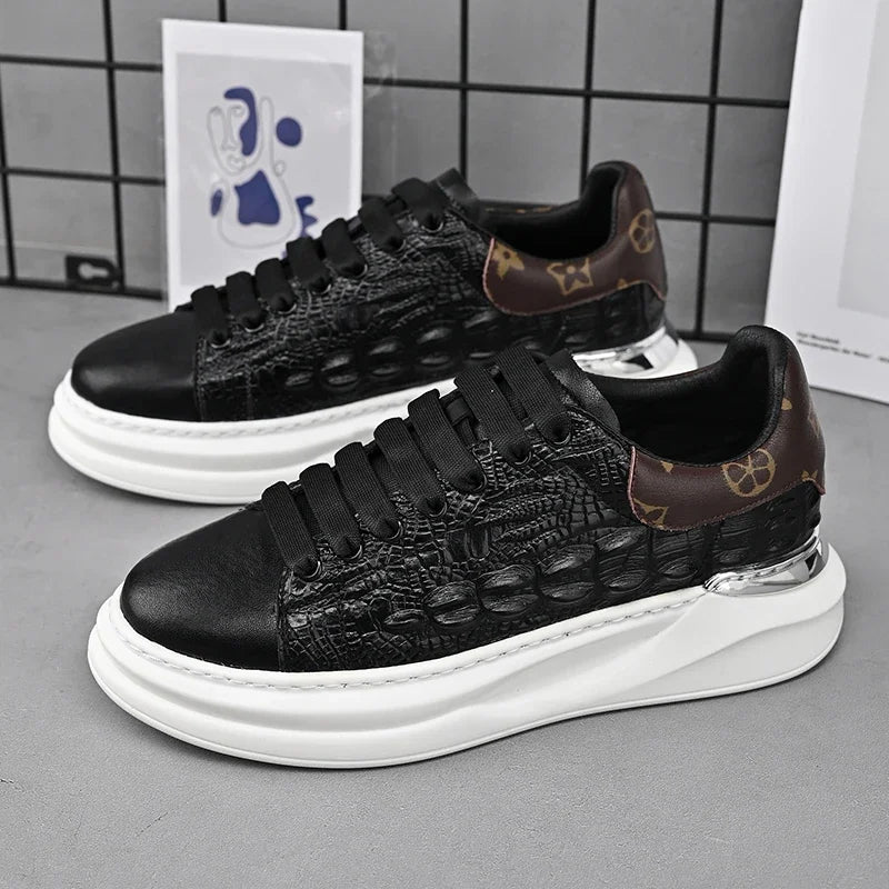 Men's Shoes 2025 Men Genuine Leather Pattern Lace-up Thick Sole Casual Sneakers Versatile Muffin Shoes Male Board Footwear