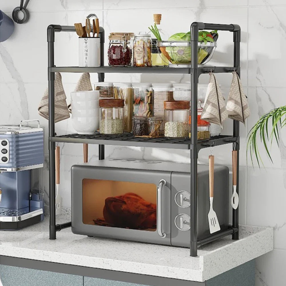 Kitchen Microwave Storage Rack Bilayer Oven Elevated Design Shelves Multi-Layer Condiment Organizer Shelf Kitchen Accessories