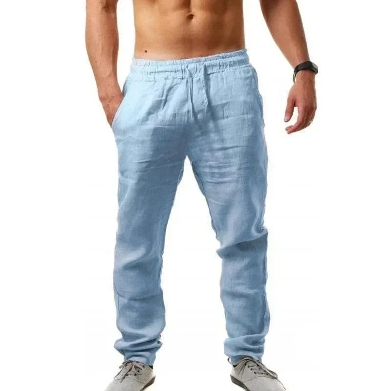 2024 New Men's Cotton Linen Pants Summer Solid Color Breathable Linen Trousers Male Casual Elastic Waist Fitness Pants