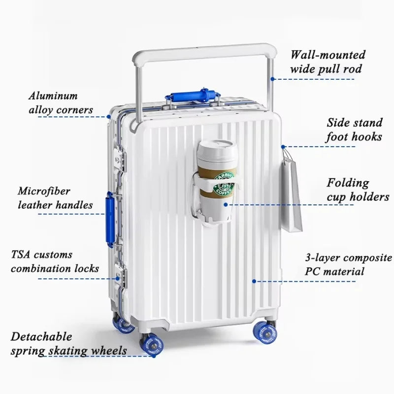Wide Handlebar Suitcase Rolling Luggage Large Capacity Aluminum Frame Trolley Case with Colorful Silent Spinner Wheels TSA Lock