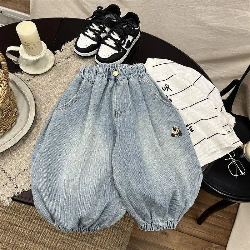 Baby Boys' Cartoon Embroidery Jeans Spring Autumn Loose Denim Pants Korean Casual Wide-leg Pants Children's Ankle-length Pants
