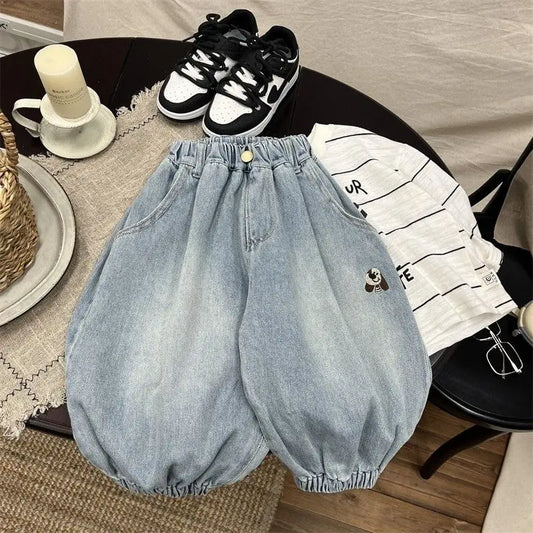 Baby Boys' Cartoon Embroidery Jeans Spring Autumn Loose Denim Pants Korean Casual Wide-leg Pants Children's Ankle-length Pants
