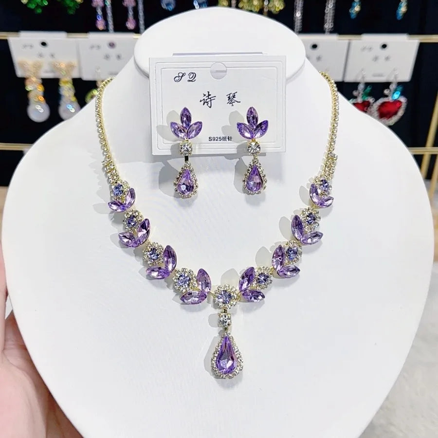 Women Rainbow Gemstone Necklace 18K Gold Plated Waterdrop Zirconia Earrings 2024