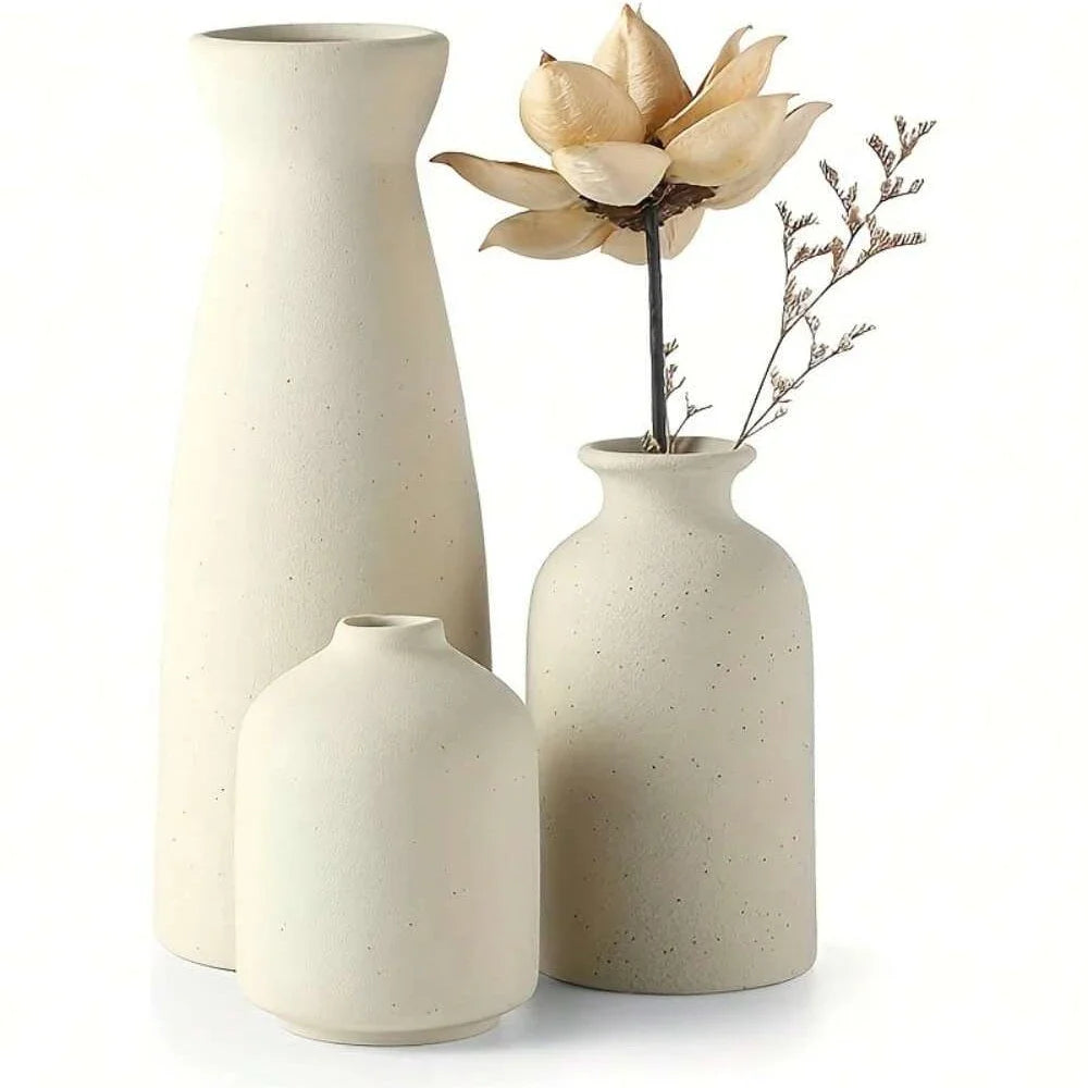 Bohemian-style Home Decor Vases, Ceramic Set of Three, Ideal for Living Room, Bookshelf and Dining Table Decorations