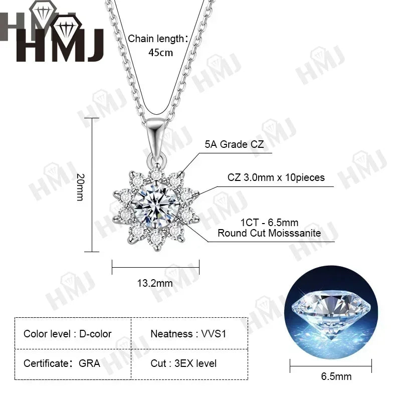 Real Moissanite Diamond 1CT Necklace for Woman Pendant 925 Sterling Silver Necklace for Women Chains Party Bridal Fine Jewelry