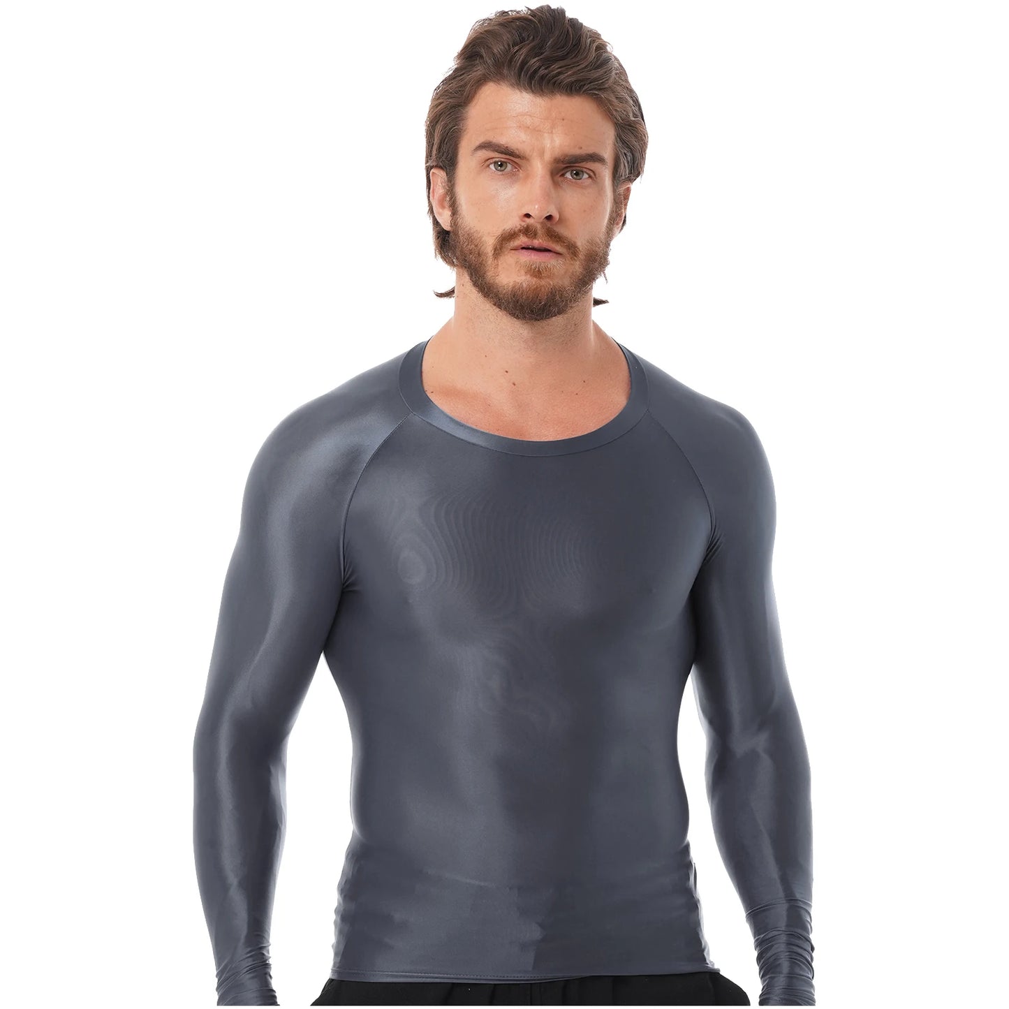 Men's Clothing Glossy O Neck Long Sleeve T-shirt Solid Color Slim Fit Breathable Shirt Tops Gym Jogging Yoga Sportwear