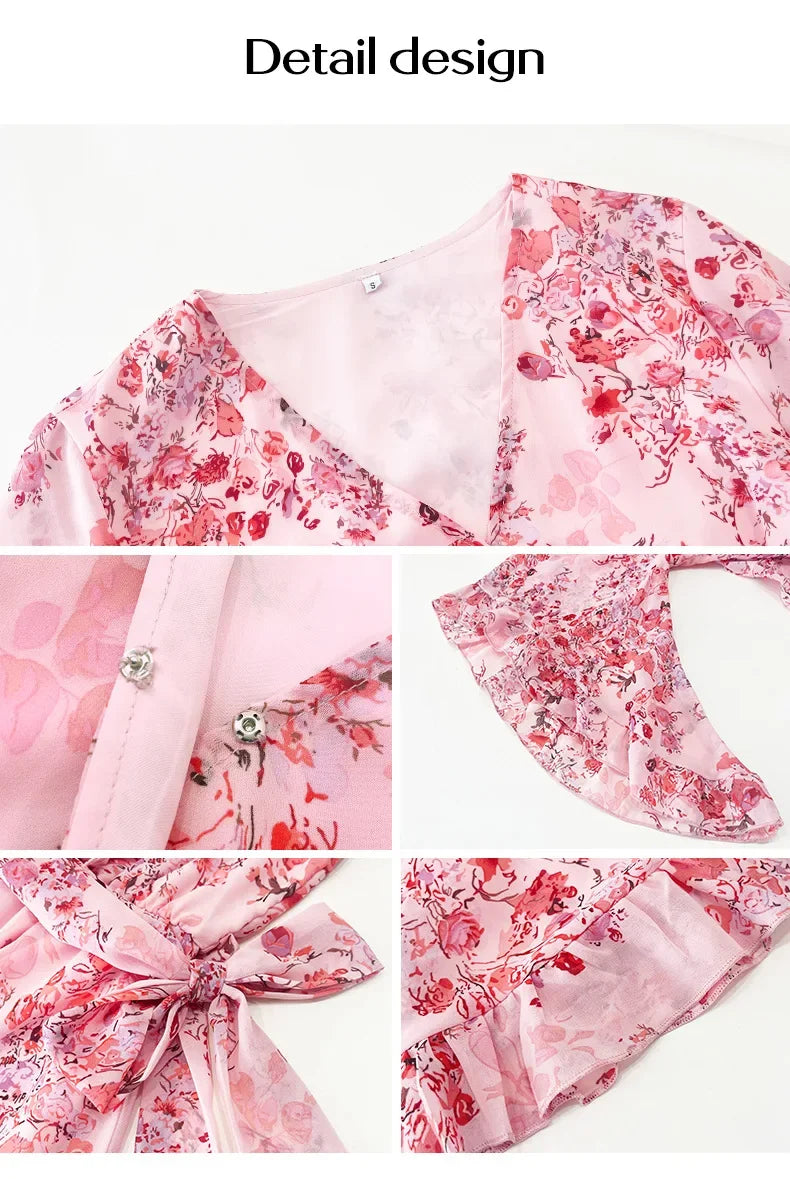 Women's clothing 2025 spring and summer new vacation casual printed lace-up chiffon dress