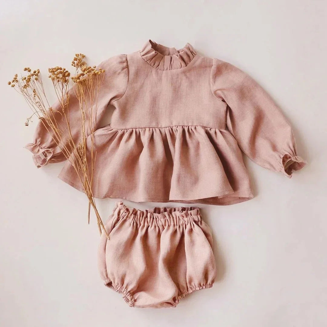 2Pcs Baby Girl Clothing Sets Spring Summer Linen Cotton Infant Baby Girl Outfits Blouse + Bottom Shorts