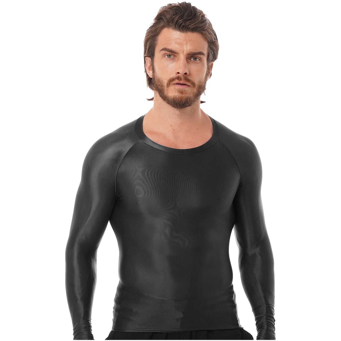 Men's Clothing Glossy O Neck Long Sleeve T-shirt Solid Color Slim Fit Breathable Shirt Tops Gym Jogging Yoga Sportwear