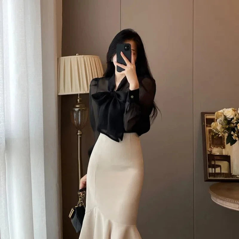 Women Clothing Temperament Chiffon Bow Lacing Thin Shirt Tops Spring Summer New Long Sleeve Solid Elegant Blouse Sexy Fashion