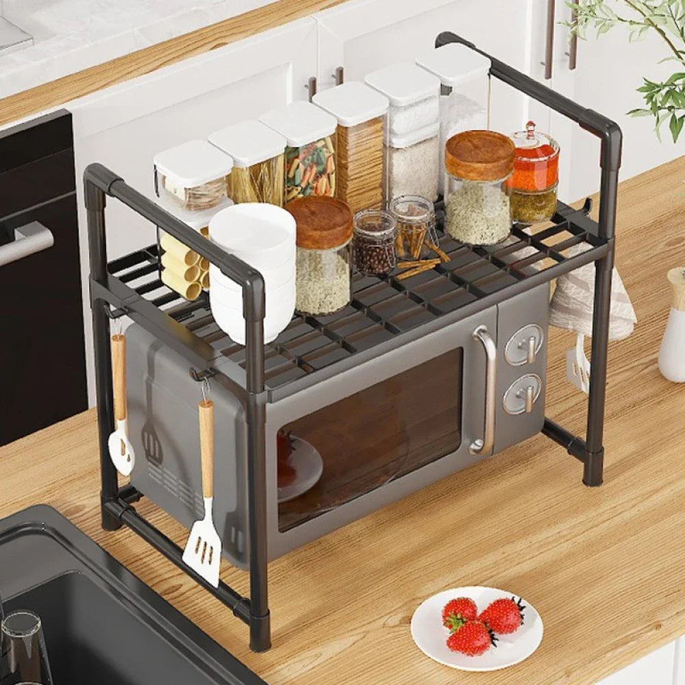 Kitchen Microwave Storage Rack Bilayer Oven Elevated Design Shelves Multi-Layer Condiment Organizer Shelf Kitchen Accessories