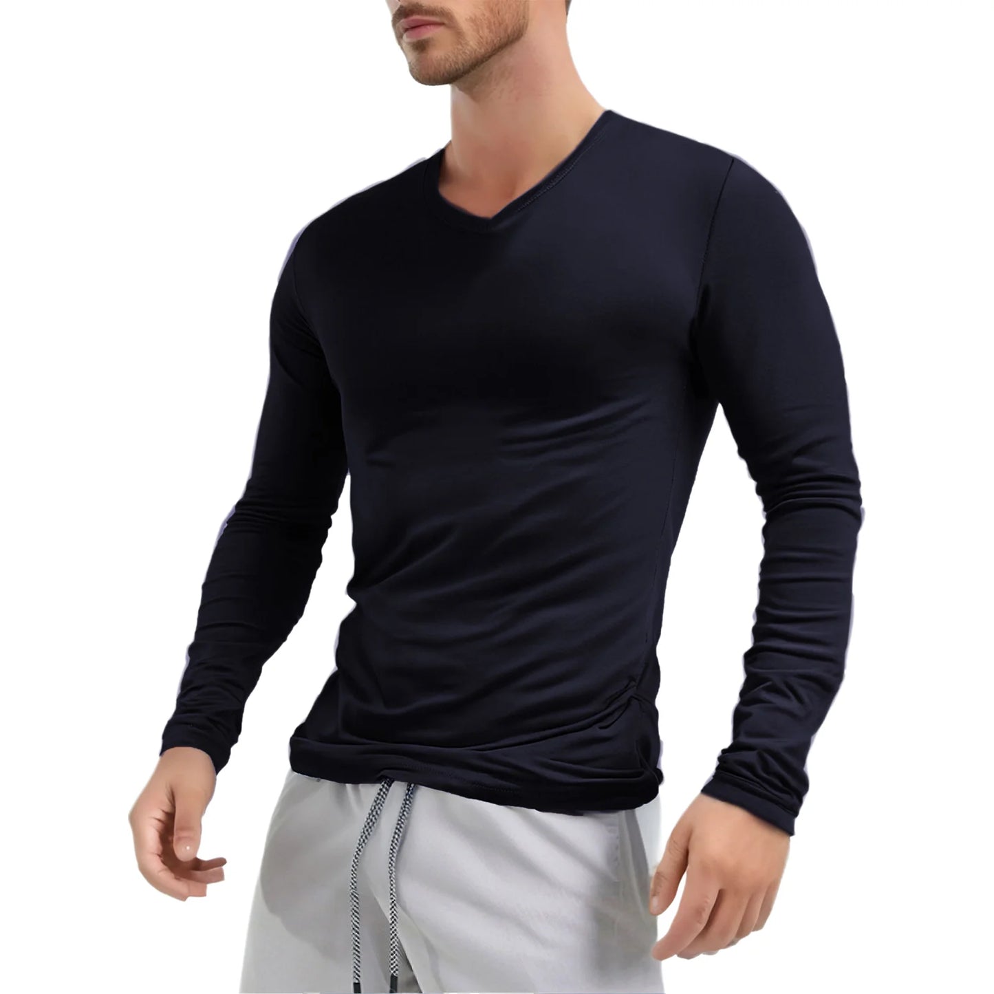 Men's Clothing Fashion V Neck Slim Fit T-shirt Tops Long Sleeve Slim Fit Undershirt Casual Solid Color Long Sleeve Tees Tops