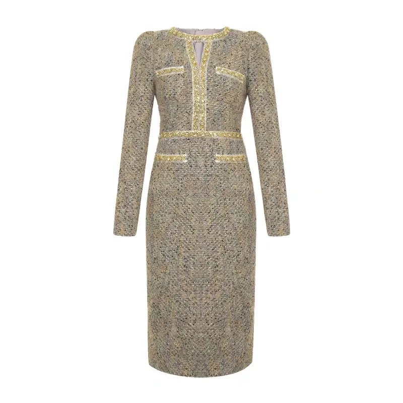 Women Clothes Vintage Luxury Tweed  Formal Dress Female Elegant Fashion Business Party Vestidos Hollow Diamond Professional Robe