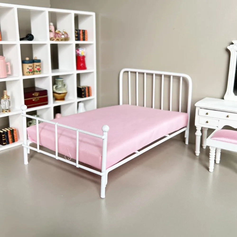 1:12 Scale Dollhouse Bed Iron Frame With Mattress Doll Bed Furniture Bedroom Scene Single Bed Mini Bed Model