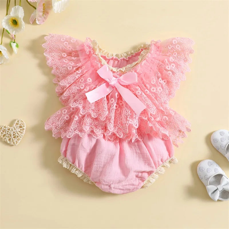 0-18Months Newborn Infant Baby Girl Floral Lace Bodysuits Summer Cute Bow Ruffles Flying Sleeves Rompers Clothes