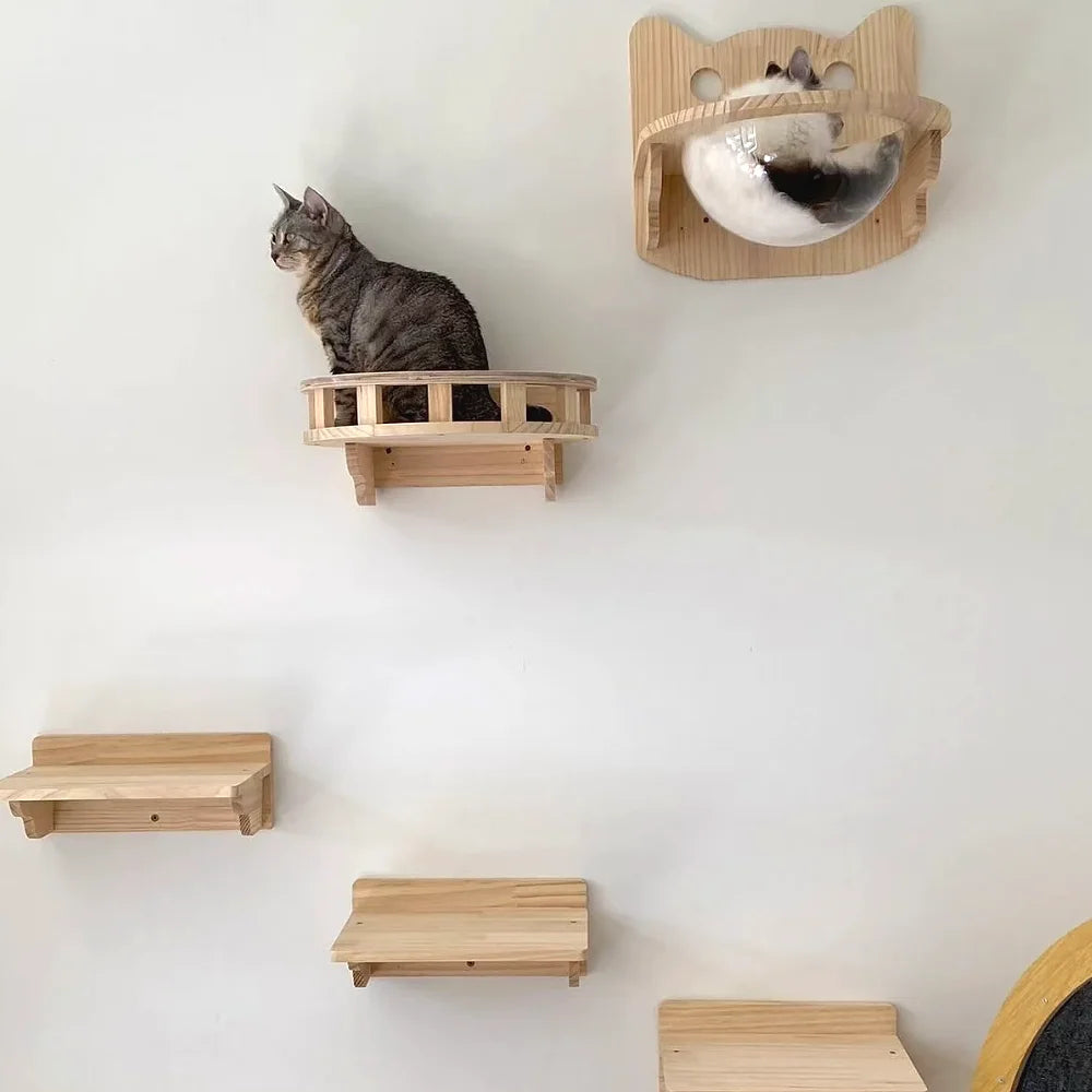 Cat Climbing Shelves Wall-Mounted Cat Tree Tower Scratcher Hammock Sisal Rope Ladder Hiding House Bed Cats Gym Claw Grinding Toy