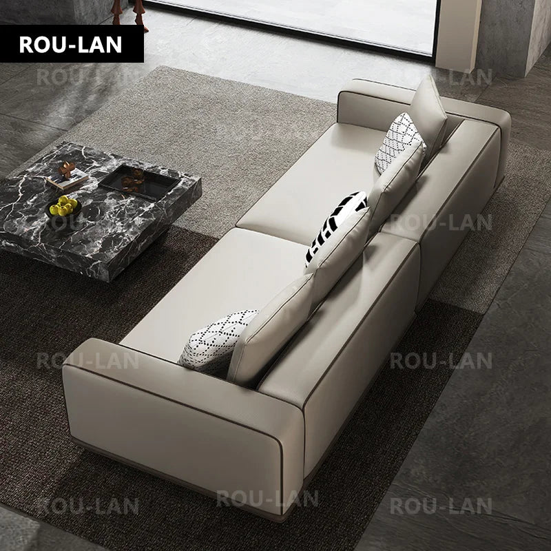 Modern Simple Leather Sofa Living Room Modern Large Flat Floor Large Household Type First Layer Cowhide Inline Tofu Block Sofa