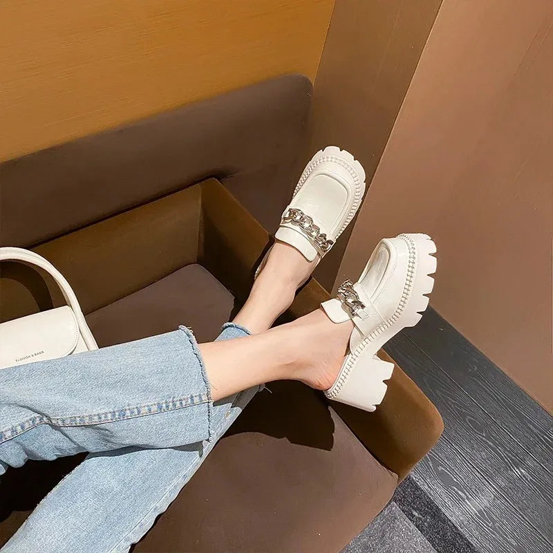 Women's Elevated Platform House Slippers Female Slides Shoes Square heel Mules Fashion Loafers Med Cover Toe Heels Luxury Fabric
