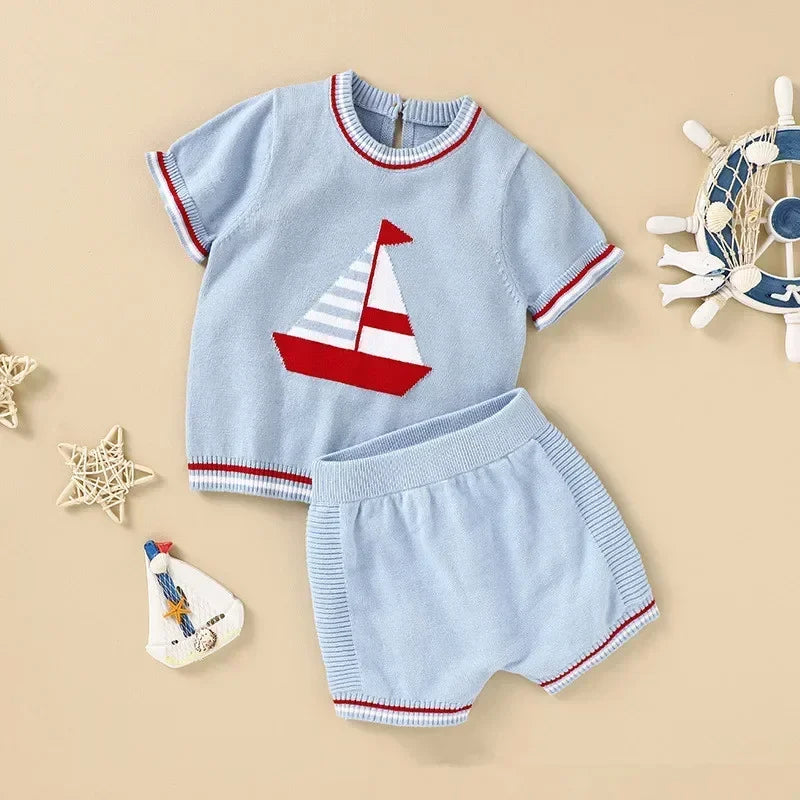2025 Baby Clothes Infant Boy Knitted Clothing Sets Summer Toddler Shirt Shorts Suit Boys Party Kids Spanish Boutique Costume