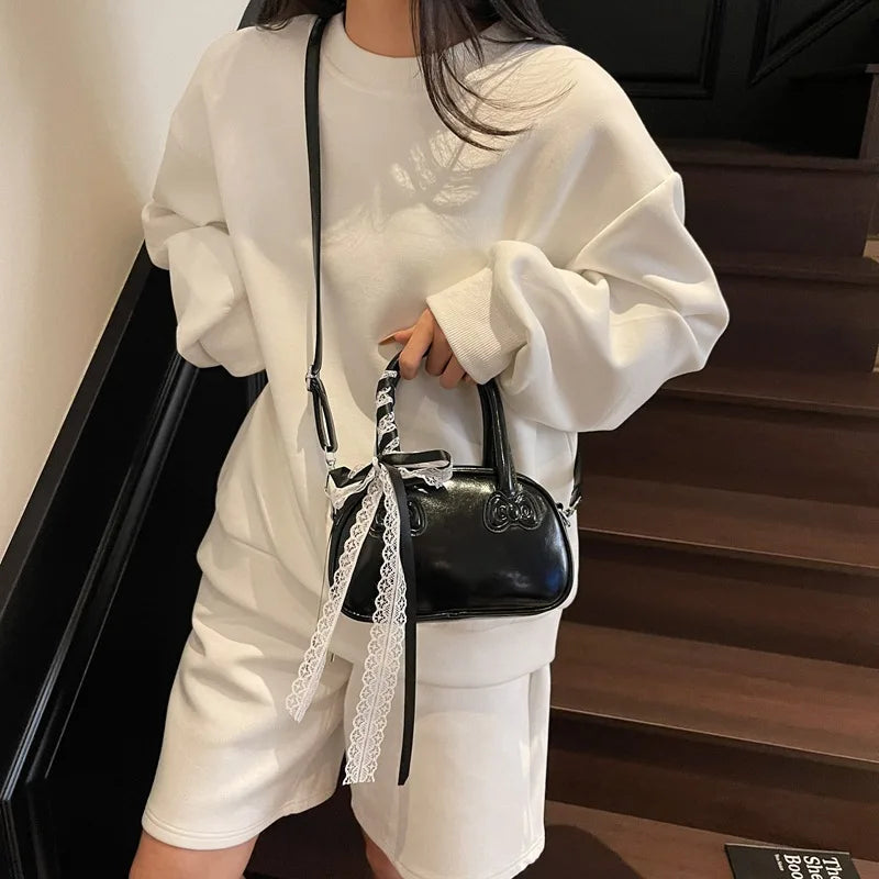 Women's Bag Korean Version Stylish Portable Pillow Bag Women's Superior Sense Simple Lace Sweet Shoulder Crossbody Cute Bow Bag