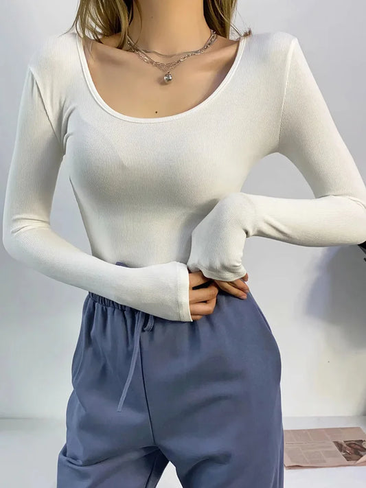 2025 Women Clothing Tops Fit Casual Elastic Cotton Solid O-neck full sleeve T-shirt