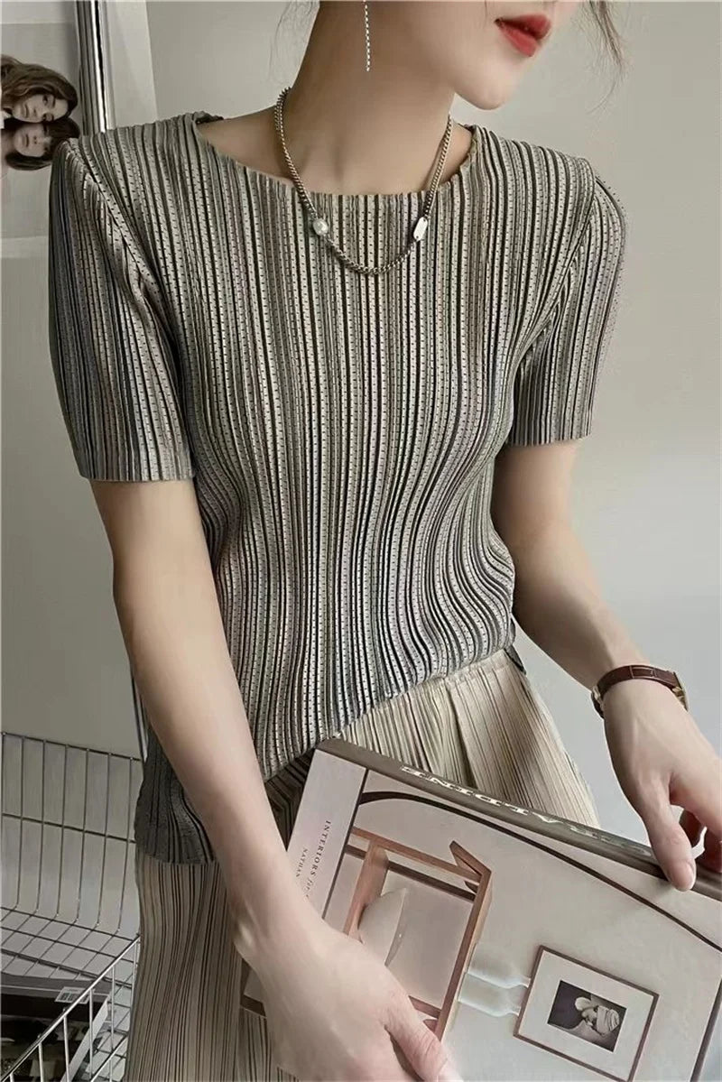 Woman Clothing  Top Women Miyake Pleated Short-sleeved Female Summer Thin Elastic Round Neck Joker Slim Pleated Hollow T-shirt