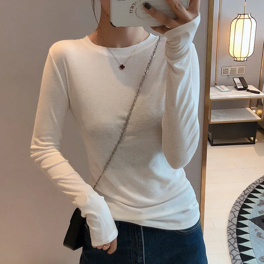 Women 2025 High Quality Plain T Shirt  Cotton Elastic Basic T-shirts Female Casual Tops Long Sleeve Sexy Thin T-shirt