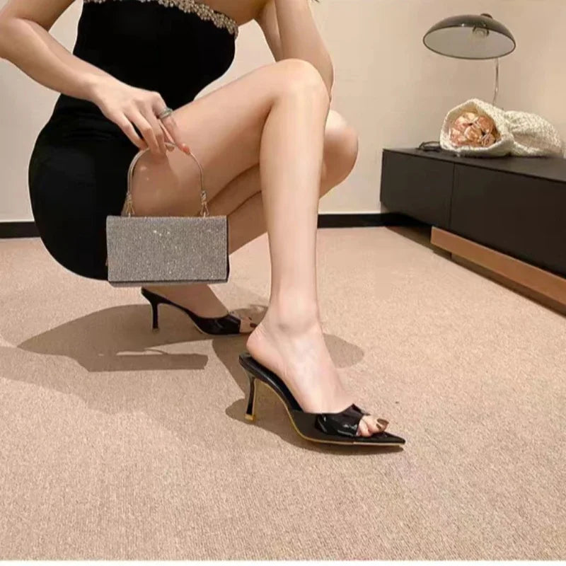 Women's High Heel Slippers Thin Heels Pointed Toe Solid Slippers Women Dress Banquet Summer Lovely Concise Zapatillas De Mujer