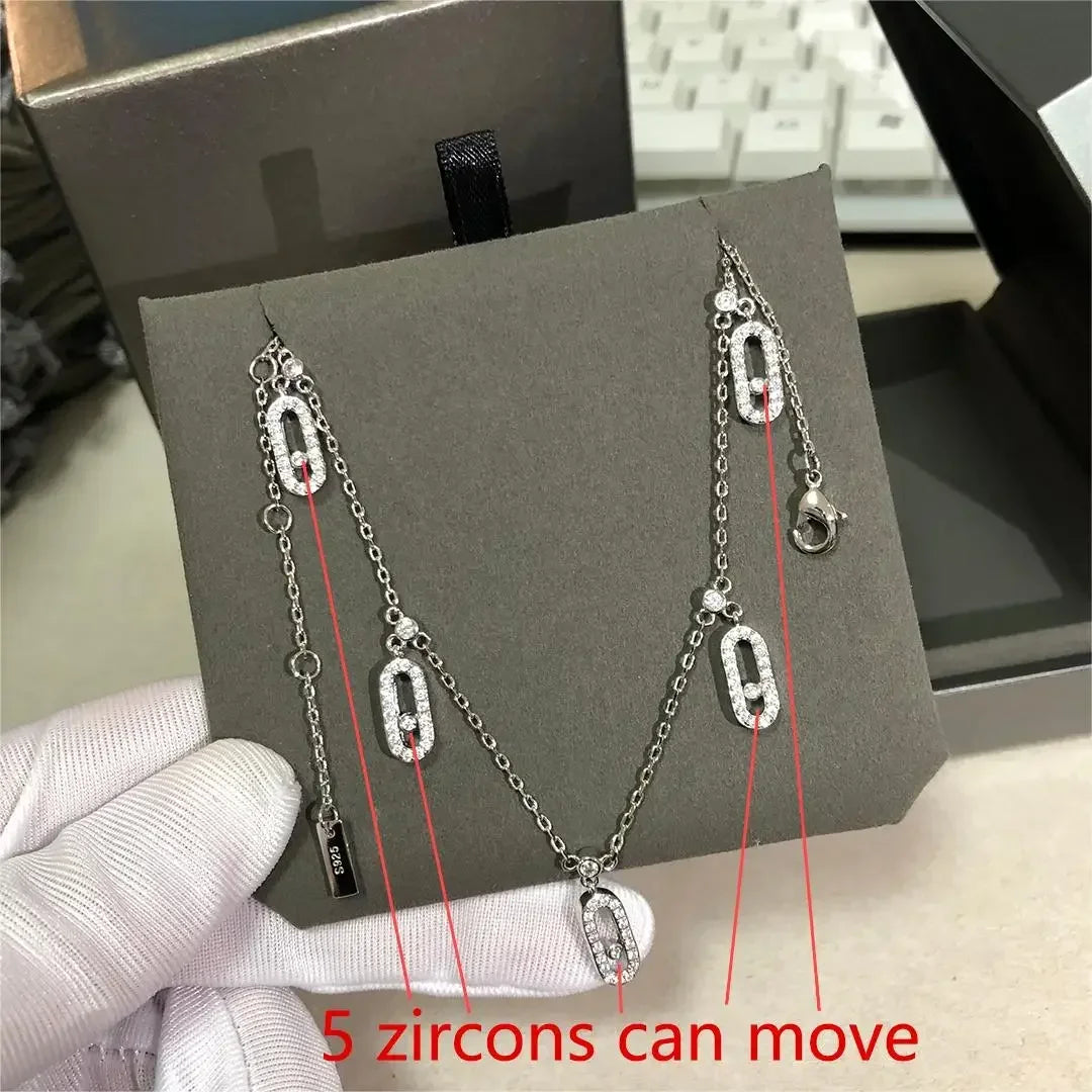 925 Sterling Silver 5-Piece Pendant Women's Diamond Necklace. Moving Diamonds. Luxury Jewelry