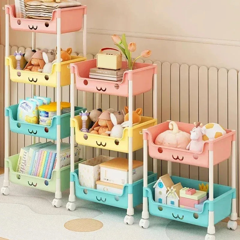 Household living room multi-layer cartoon smiley movable trolley floor shelves children's toys snacks book bags organizing rack