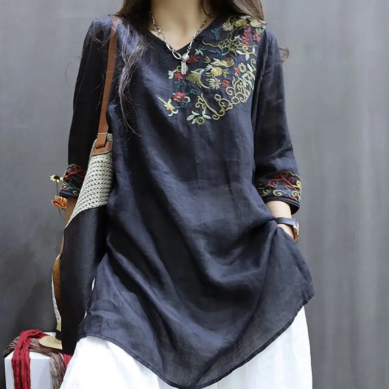 Cotton and Linen Women Clothing 2025 Summer New Print Retro Embroidery Loose Slim and Fashionable Shirt
