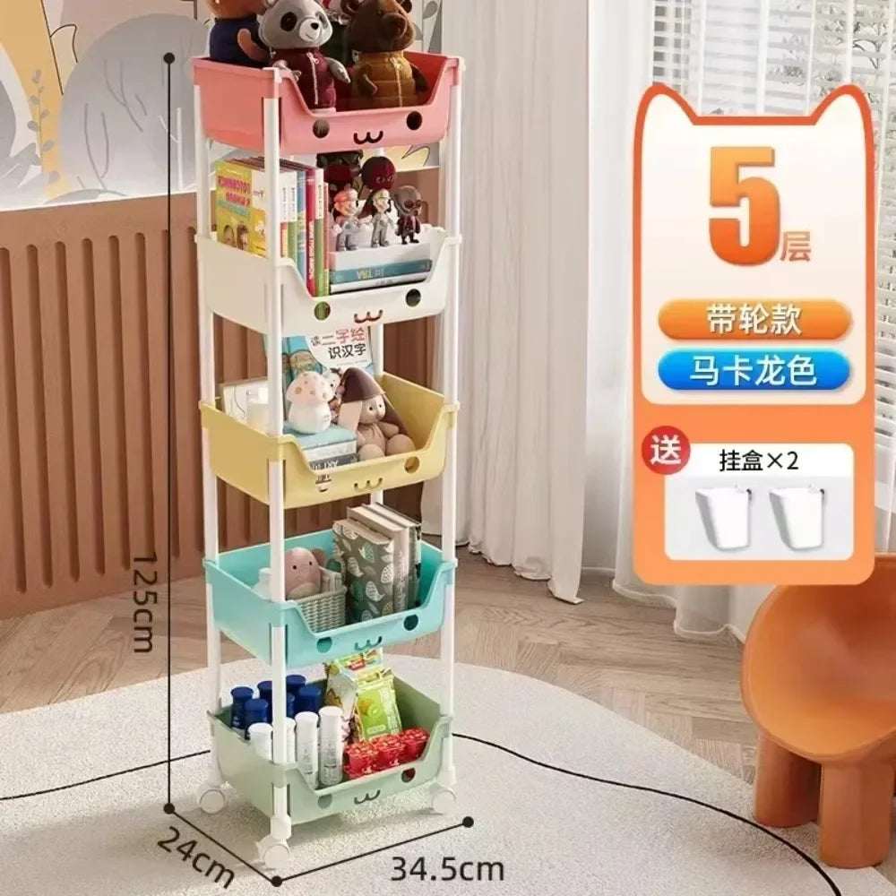 Household living room multi-layer cartoon smiley movable trolley floor shelves children's toys snacks book bags organizing rack