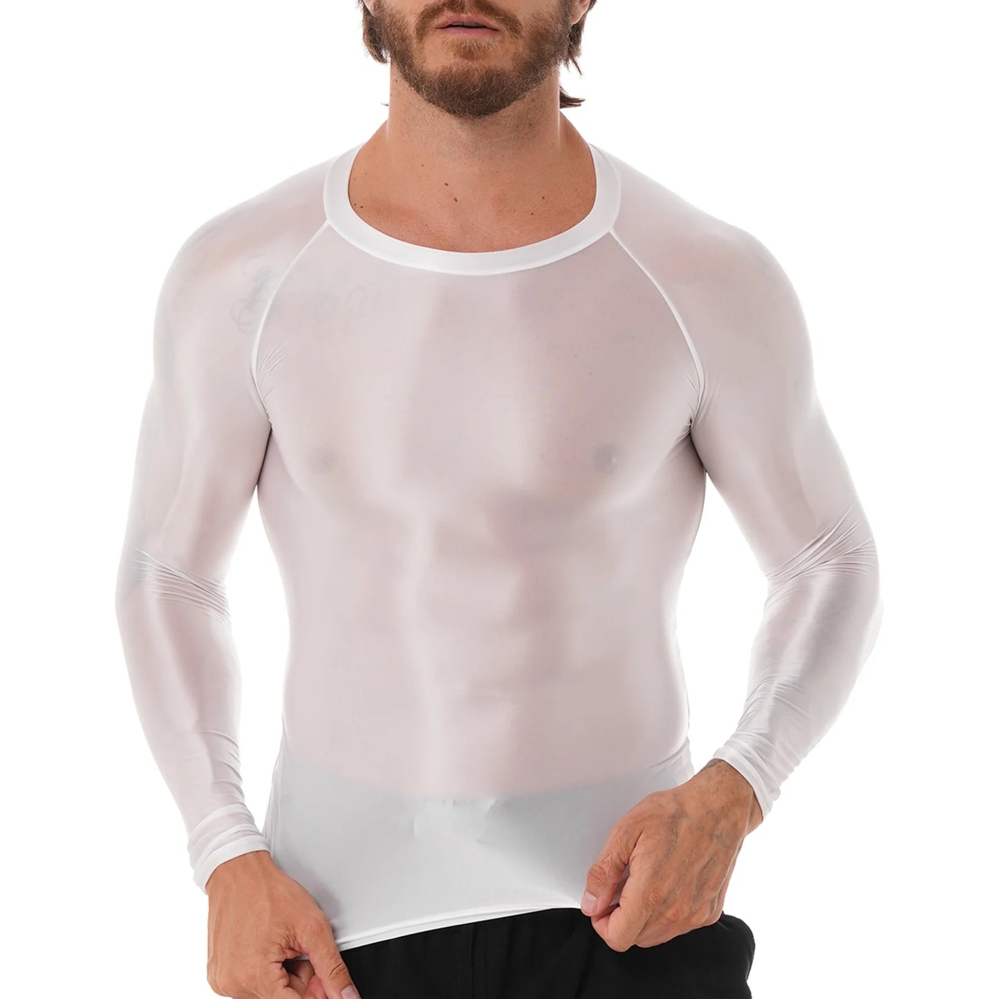 Men's Clothing Glossy O Neck Long Sleeve T-shirt Solid Color Slim Fit Breathable Shirt Tops Gym Jogging Yoga Sportwear
