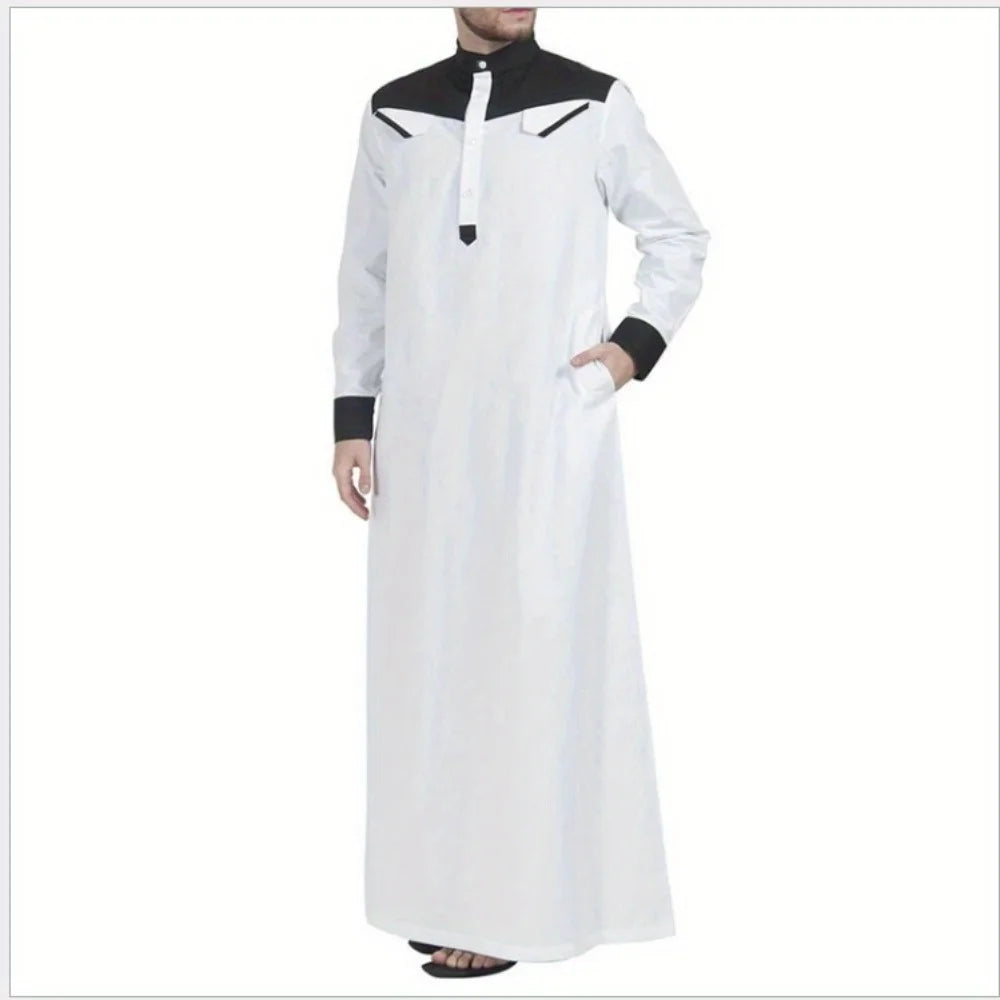 Muslim Southeast Asian Men's Clothing, Color-blocked Stand-collar Robes, Loose-fit Middle Eastern Robes Are Super Fashionable.