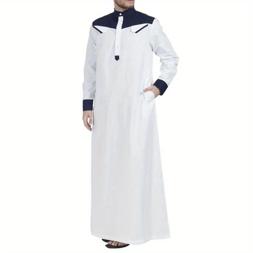 Muslim Southeast Asian Men's Clothing, Color-blocked Stand-collar Robes, Loose-fit Middle Eastern Robes Are Super Fashionable.