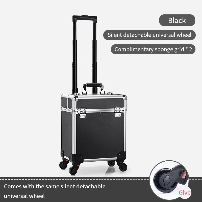 Aluminum Rolling Makeup Case Lockable Cosmetic Salon Organizer Trolley Case With Trays