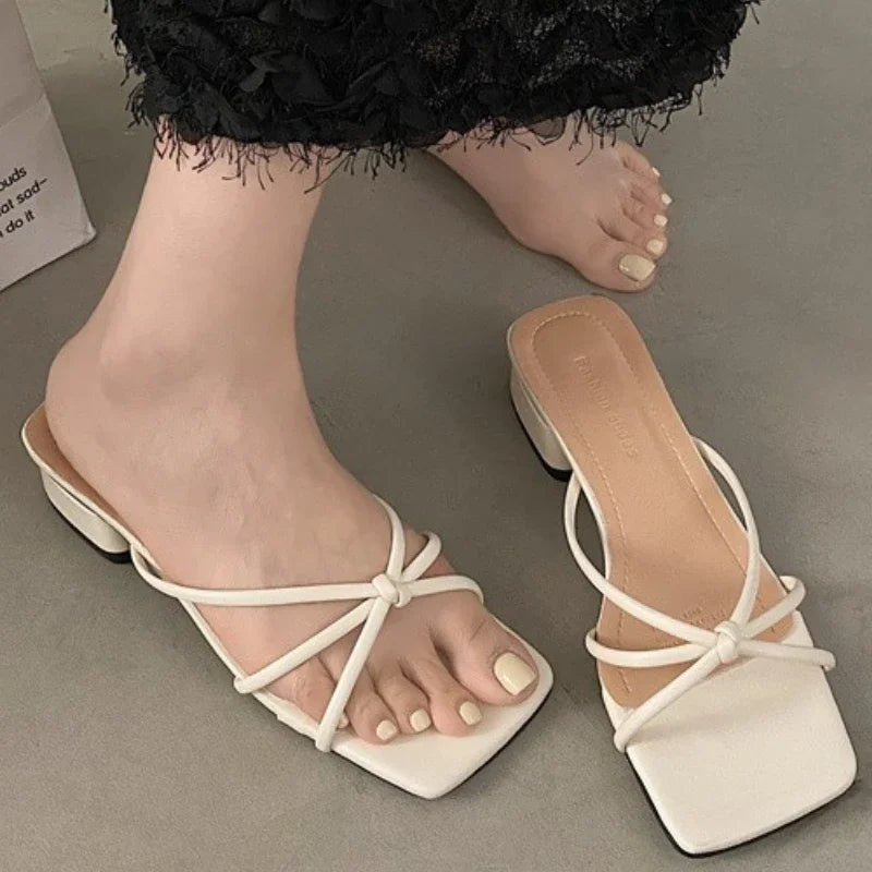 Women's Elegant Heeled Slippers Designer Mid Heels Shoes Fashion Chunky Sandals Pumps 2025 Summer Shollow Party Zapatillas Mujer