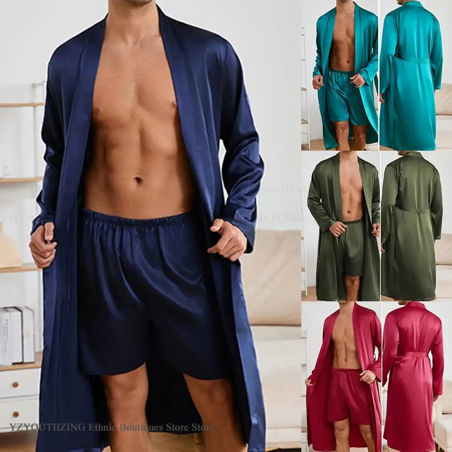 Men's Long Robe Pajama 2-Piece Set Silk Satin Kimono Bathrobe Gown Home Clothing Loose Casual Pijamas Suit Loungewear Sleepwear