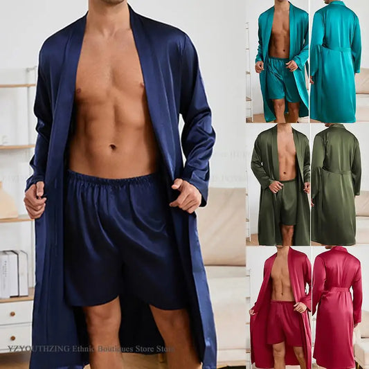 Men's Long Robe Pajama 2-Piece Set Silk Satin Kimono Bathrobe Gown Home Clothing Loose Casual Pijamas Suit Loungewear Sleepwear