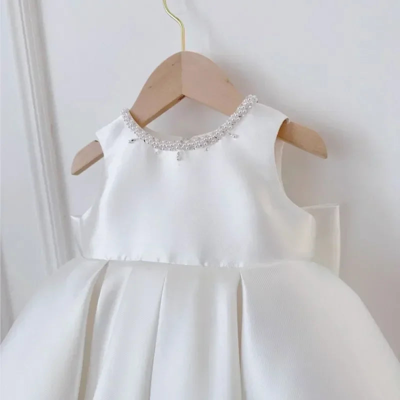 Baby Girl Princess Party Birthday Baptism Frocks Baby Clothes 1-7Y Pearl Silk Dress Cloak Infant Toddler Vintage Bow Vestidos