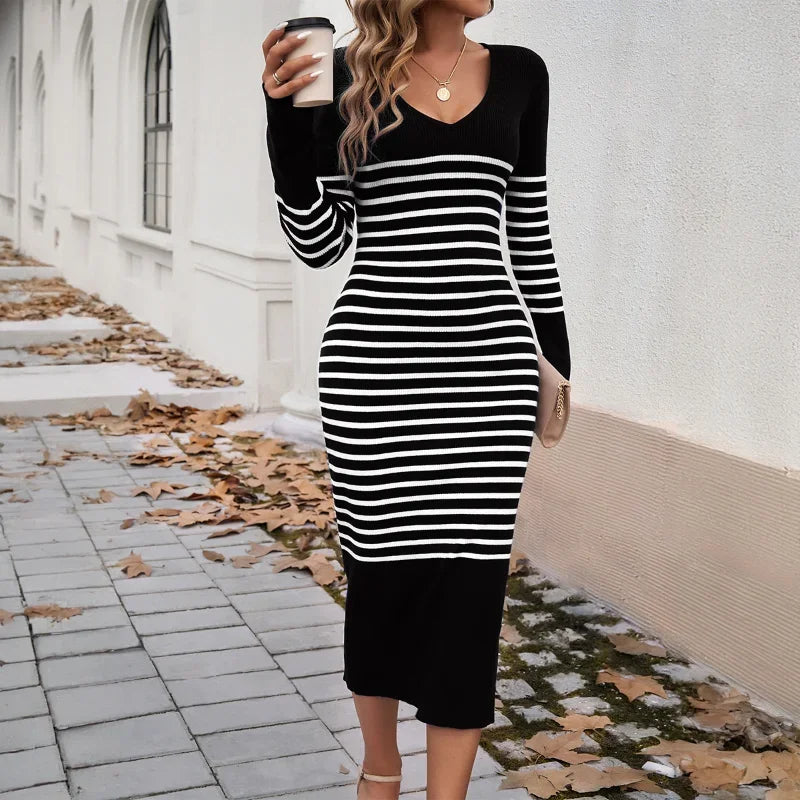 Women's Clothing 2025 Autumn and Winter Slim Sexy Deep V Contrasting Striped Sweater Dress
