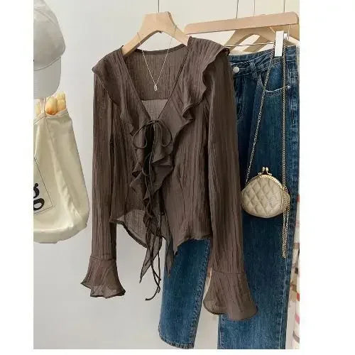 Blouses for Women Chemise Femme Women's Ruffled Flared Shirts Blusas Femininas Elegantes Y2k Tops Vintage Spring Shirt Thin Coat