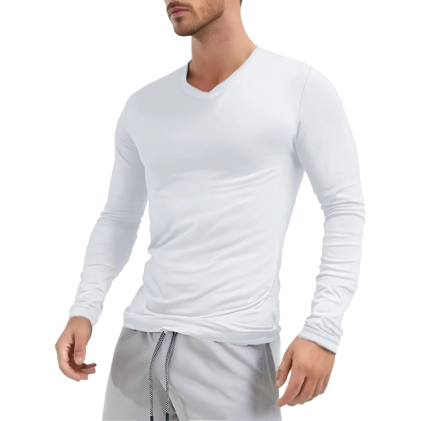 Men's Clothing Fashion V Neck Slim Fit T-shirt Tops Long Sleeve Slim Fit Undershirt Casual Solid Color Long Sleeve Tees Tops