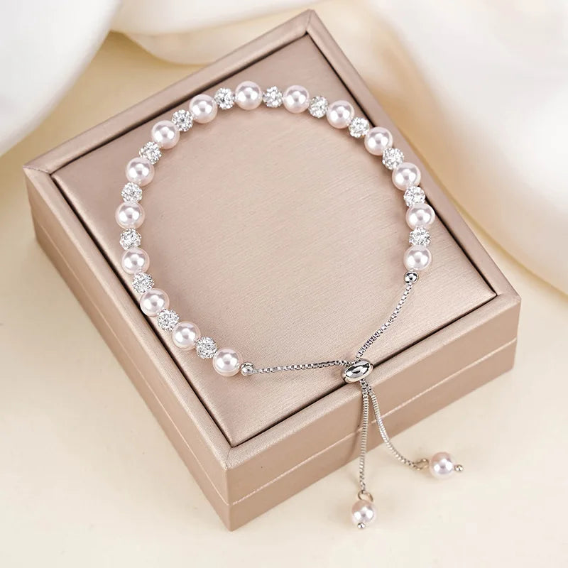 Natural Pearl Diamond Crystal Bead Bracelet Women Silver Elegant Bangle Chain
