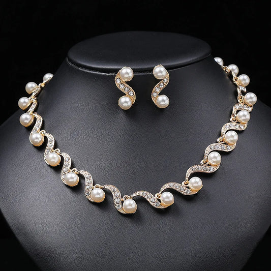 New pearl  jewellery woman necklace Women's earrings two-piece jewelry sets niche versatile sweater chain lock  bone chain alloy