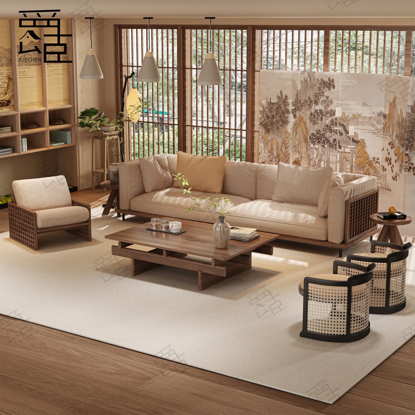 Medieval wind wabi-sabi wind leisure area straight row sofa Song's aesthetic homestay solid wood sofa