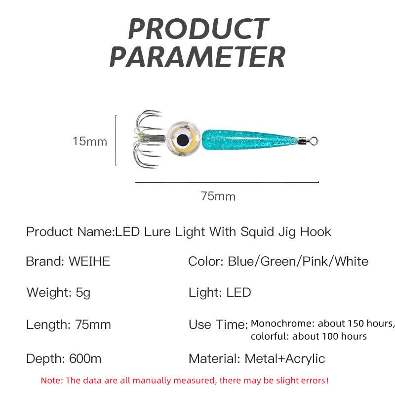 Fishing Lures 5g Squid Hook with LED Light Squid Jig Lure Luminous Webfoot Octopus Egi Artificial Bait Cuttlefish Sea Tackle