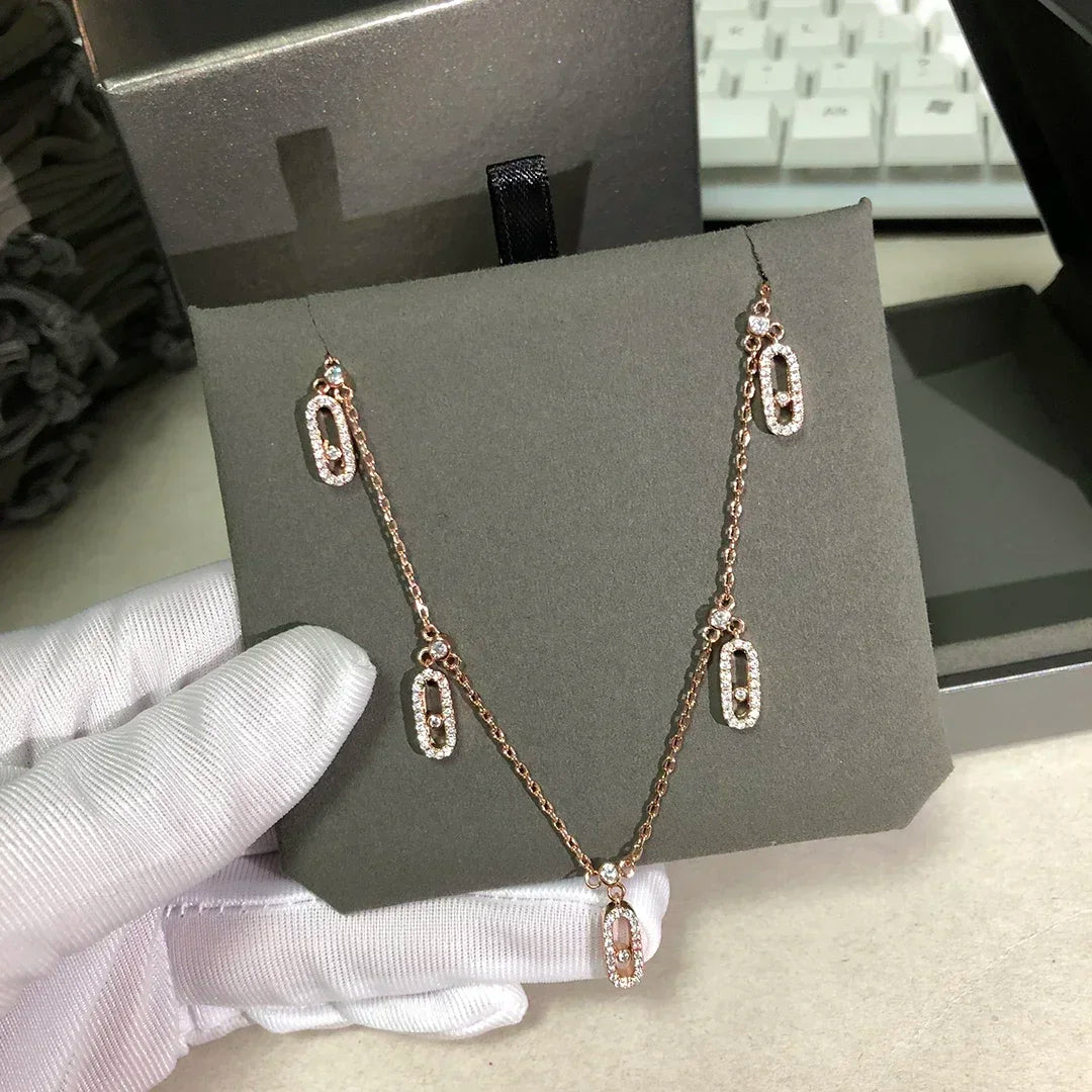 925 Sterling Silver 5-Piece Pendant Women's Diamond Necklace. Moving Diamonds. Luxury Jewelry