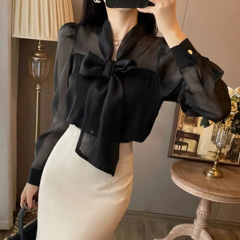 Women Clothing Temperament Chiffon Bow Lacing Thin Shirt Tops Spring Summer New Long Sleeve Solid Elegant Blouse Sexy Fashion
